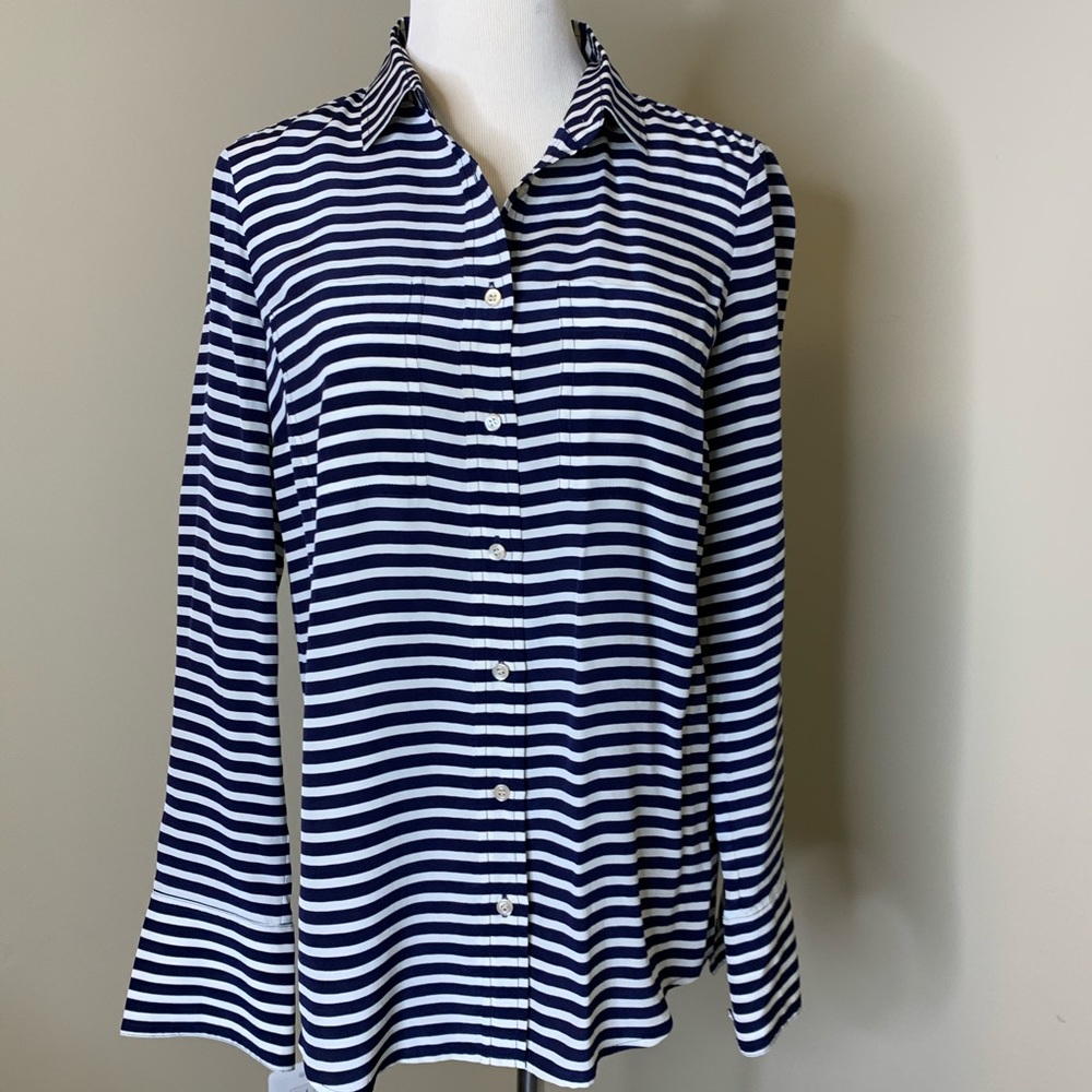 The Boy Shirt J Crew 100% Silk White Blue Striped